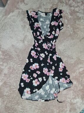 Black Floral Wrap Midi Dress with Pink Blossoms